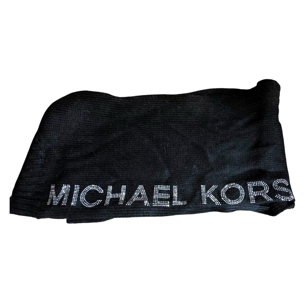 Michael Kors Black Acrylic Knit Scarf with Rhinestone Studded Logo‎ Women's